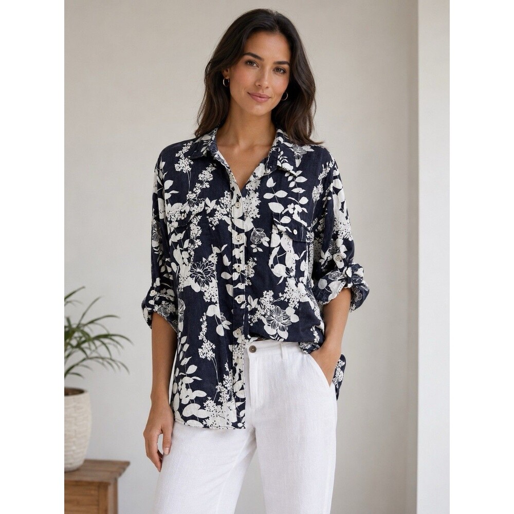 Lands End 100% Linen Top Black White Floral Tab Sleeves XL